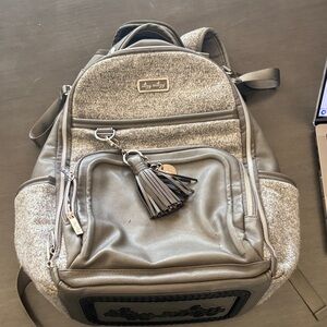 Itzy Ritzy Gray Leather and Fabric diaper bag back pack